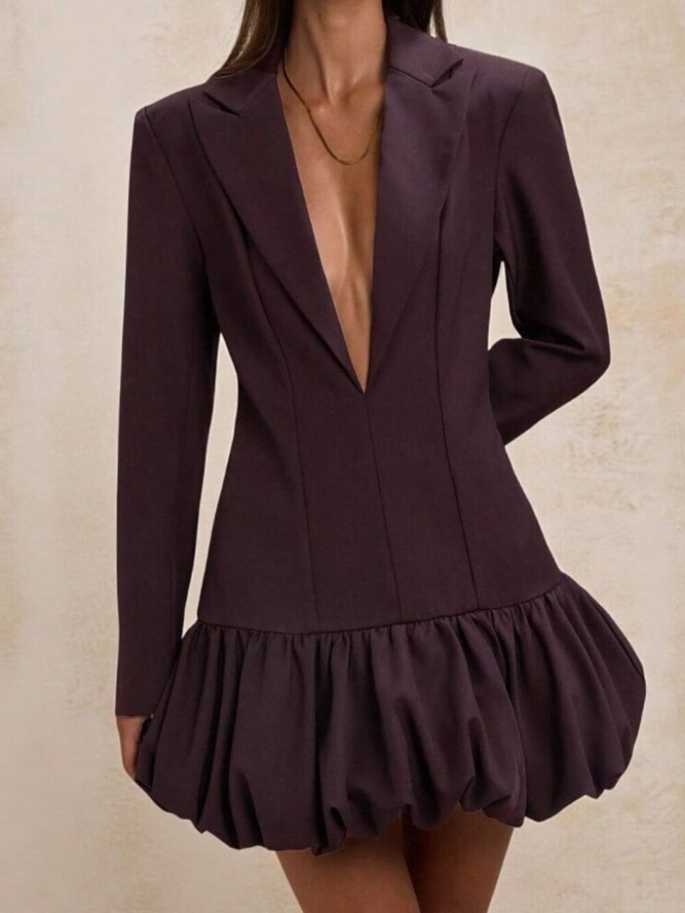 Coffee Brown Elegant Women's Long Sleeve Bubble Skirt Suit Dress - Picture 5 of 8